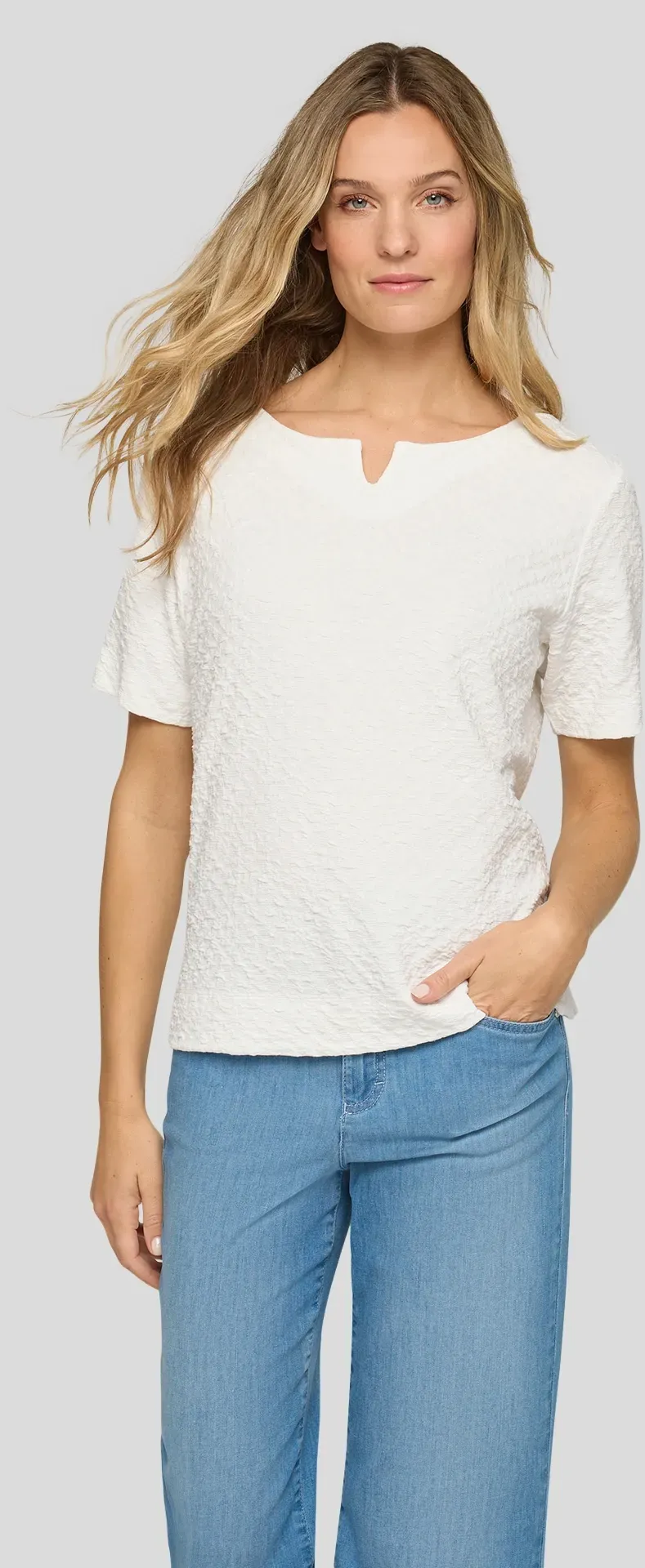 T-Shirt RABE, Damen, Gr. 42, weiß (natur), Jersey, Obermaterial: 75% Viskose, 20% Polyester, 5% Elasthan, unifarben, normal hüftbedeckend, Rundhals, Shirts T-Shirt, im Crinkle-Look