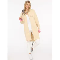 Zwillingsherz Langmantel "Wild and Happy", Damen, Gr. S/M, beige (hellbeige), angeraute Sweatware, Obermaterial: 50% Baumwolle, 50% Polyester, bequem kniefrei, ohne Ausschnitt, angesetztes Bündchen, Mäntel, mit Leo Details, Reißverschluss, Taschen und großem Stickmotiv