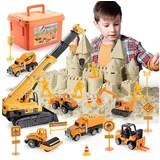 Wootoy Sandform-Set Spielzeug-Baumaschine Konstruktions-Spielset Sandspielzeug Kreativset, (mit 6 bewegliche Baufahrzeuge und großer Turmdrehkran, 39-tlg., mit 1 kg Spielsand Figuren Sandformen und umfangreichem Zubehör), Mit Sandwanne und Luftpumpe eine eigene Baustelle gestalten
