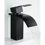 ANYCEE Wasserfall Wasserhahn Bad Schwarz mit Einhebel, Waschtischarmatur Schwarz mit Auslauf Höhe 8,5cm, Wasserfall Badezimmer Mischbatterie Waschbecken, Armatur Bad Schwarz mit Warm und Kalt Wasser