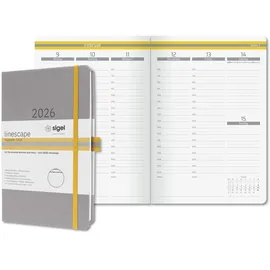 Sigel Wochenkalender 2026 A5, vertikale Wochenansicht, Hardcover, hellgrau, gelb, deutsch-sprachiges Kalendarium, 176 Seiten, FSC-zertifiziert, Kalenderbuch Terminplaner Linescape