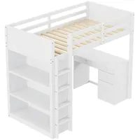 SOFTWEARY Hochbett mit Lattenrost und Schreibtisch (90x200 cm) Kinderbett mit Rausfallschutz und Regal weiß