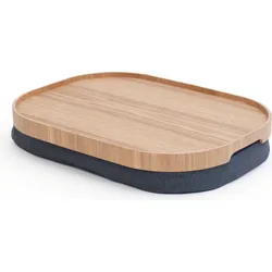 Laptray Tablett L oval Weidenholz mit Anti-Rutsch-Beschichtung und mit einem grauen Kissen