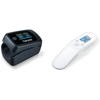 Beurer FT 85 kontaktloses digitales Infrarotthermometer, schnelles Fieberthermometer zur hygienischen, Messung der Körpertemperatur an der Stirn & PO 45 Pulsoximeter, Messung von SpO2, Puls und PI
