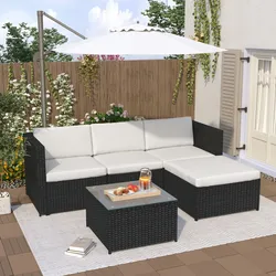 Merax Polyrattan Lounge-Sofagarnitur, Lounge-Gartenmöbel,  Couchgarnitur mit Sitz- und Rückenkissen, Lounge-Tisch , Schwarz