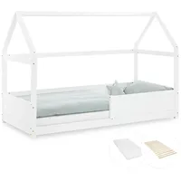Homestyle4u Kinderbett mit Matratze Hausbett mit Rausfallschutz 90x200 cm Bodenbett 3055