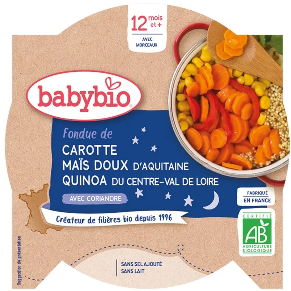 Babybio FONDUE DE CAROTTE MAÏS DOUX D'AQUITAINE QUINOA DU CENTRE-VAL DE LOIRE À LA CORIANDRE dès 12 mois 230 g Aliment