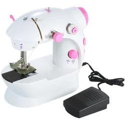 Einstellbare 2-Gang-Doppelfaden-Mini-Nähmaschine Tragbare elektrische Haushalts-Multifunktions-Nähmaschine mit Fußpedal EU Plug rosa