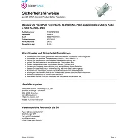 Baseus OS Free2Pull Powerbank 10.000mAh, 70cm ausziehbares USB-C Kabel - Grau