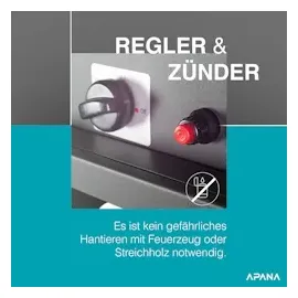 APANA Gasheizer 12,5 kW Bellamente Cristal praktischer Gasheizstrahler für Garten Balkon mit Umkippsicherung Abschaltautomatik in schwarz