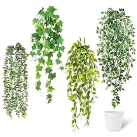 luxuskollektion Hängepflanze künstlich Efeu Kunstpflanze 4er Grün Type 3 Weißes Topt