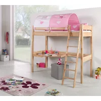Hochbett RENATE Buche massiv natur lackiert, mit Schreibtisch und Tunnel
