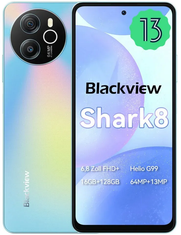 blackview Shark8(8+128) Smartphone (6.8 Zoll, 128 GB Speicherplatz, 64 MP Kamera, 2.4K Display, Dual 4G, NFC/Face ID) blau