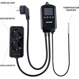 Nemaxx NEMAXX® NTP16 Steckdosenthermostat 230V (3000W/16A) mit NTC-Fühler 2m, Heiz-/Kühlmodus, Wochenprogramm, 2 Steckdosen