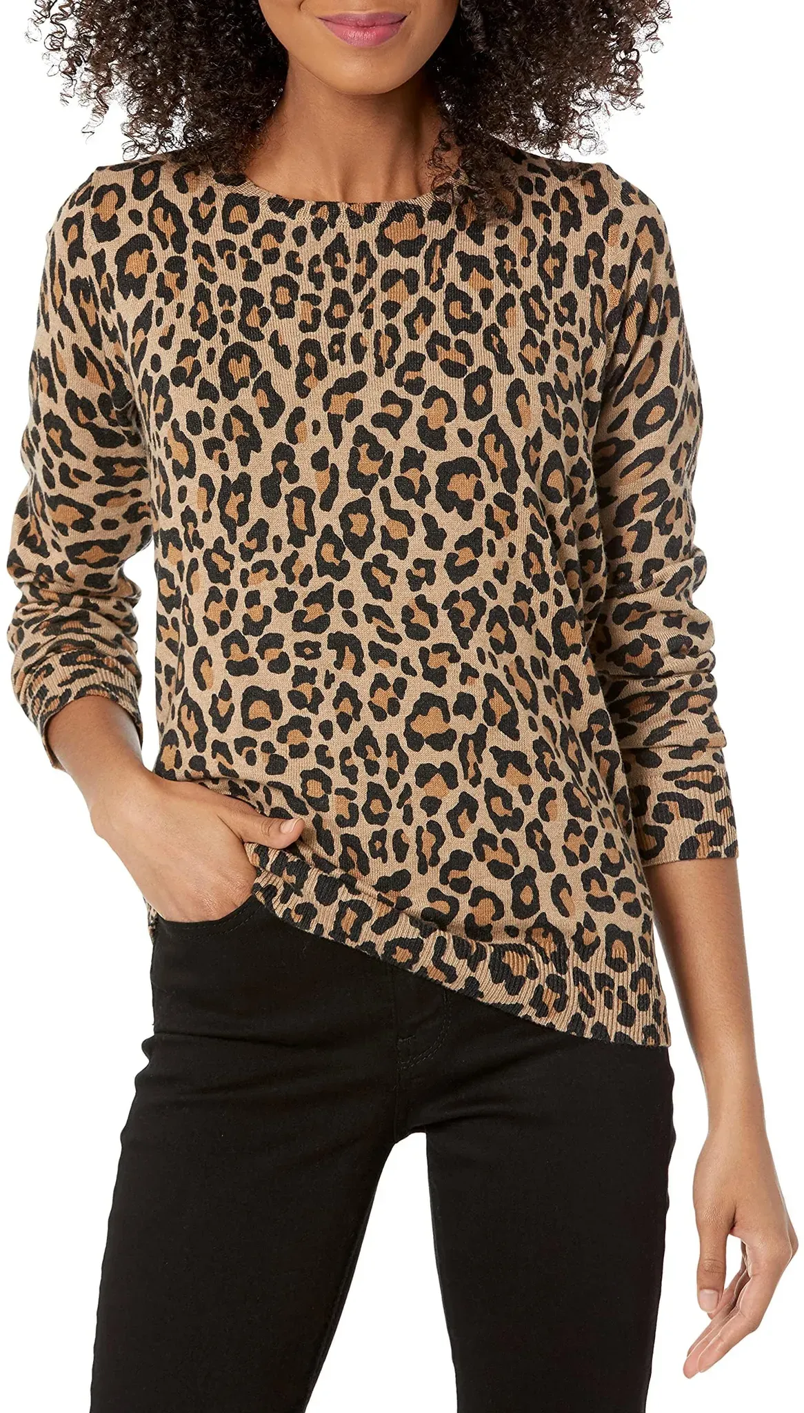Amazon Essentials Damen Leichter, Langärmeliger Pullover Mit Rundhalsausschnitt (Erhältlich in Übergröße), Kamelbraun Gepard, XL