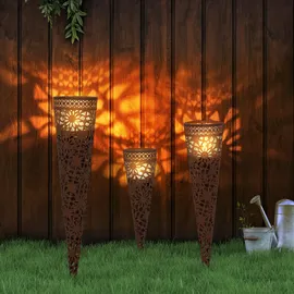 Harms Import Gartendeko Windlicht Erdspieß Kerzenhalter Außenbereich Gartenstecker Kerzenständer Stahl, inkl. Teelichthalterung, Höhen 29-41-51,5 cm, 3er Set