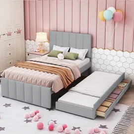 Flieks Polsterbett mit Unterbett, Einzelbett Jugendbett mit Lattenrost und Schubladen, Kinderbett Holzbett Gästebett Tagesbett 90x200/90x190cm, Le... - Grau