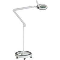 Lumeno LED Lupenleuchte 7215GR Lupenlampe mit 127 mm Echtglaslinse, Arbeitsplatzlampe, Kosmetiklampe, geeignet für Kosmetik, Bastler, Lesehilfe Vergrößerungslampe, 5 Dioptrien Grau mit Rollstativ