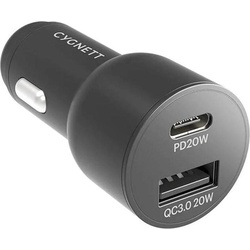 Cygnett CarPower 20W Dual Port USB-C & USB-A Car Charger - Black, Auto Adapter, Schwarz