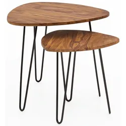 Kadima Design 2er Set Beistelltisch Sheesham Holz und Metall, Industrial-Design, Vielseitig. 60x60x56 cm