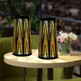 ETC Shop Solarlampe Tisch aussen Solarlicht Tisch für Außen Solar Laterne Balkon schwarz, Säule mit Lichteffekt, goldenes Innere,1x LED warmweiß, H 24,5 cm