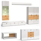 Feldmann-Wohnen Wohnwand, Weiß Hochglanz, Braun, Holz, 13 Fächer, 5 Schubladen, Rechteckig, 450x144x60 cm, Wohnzimmer, Wohnwände, Wohnwand-Sets