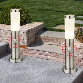 ETC Shop Sockelleuchte E27 Stehlampe Garten Außenleuchte Bewegungsmelder, IP44, Sensor, Edelstahl silber opal, 1x E27 Fassung, DxH 7,6x45cm, 2er Set