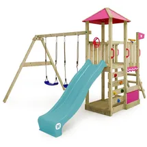 Wickey Spielturm Klettergerüst Smart Savana mit Schaukel & türkiser Rutsche, Spielhaus mit Kletterleiter – Spiel-Zubehör - Pastellblau