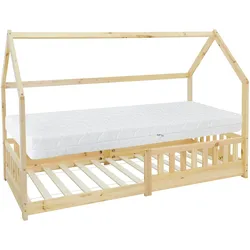 Kinderbett+Matratze Haus Bettgestell Einzelbett Rausfallschutz 90x200 cm Natur