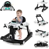 COSTWAY 6 in 1 Lauflernhilfe, Lauflernwagen klappbar mit verstellbarer Höhe & Geschwindigkeit, Baby Walker Flugzeugmotiv mit abnehmbarer Spieluhr & Esstablett, Gehfrei Baby ab 6 Monaten (Weiß)