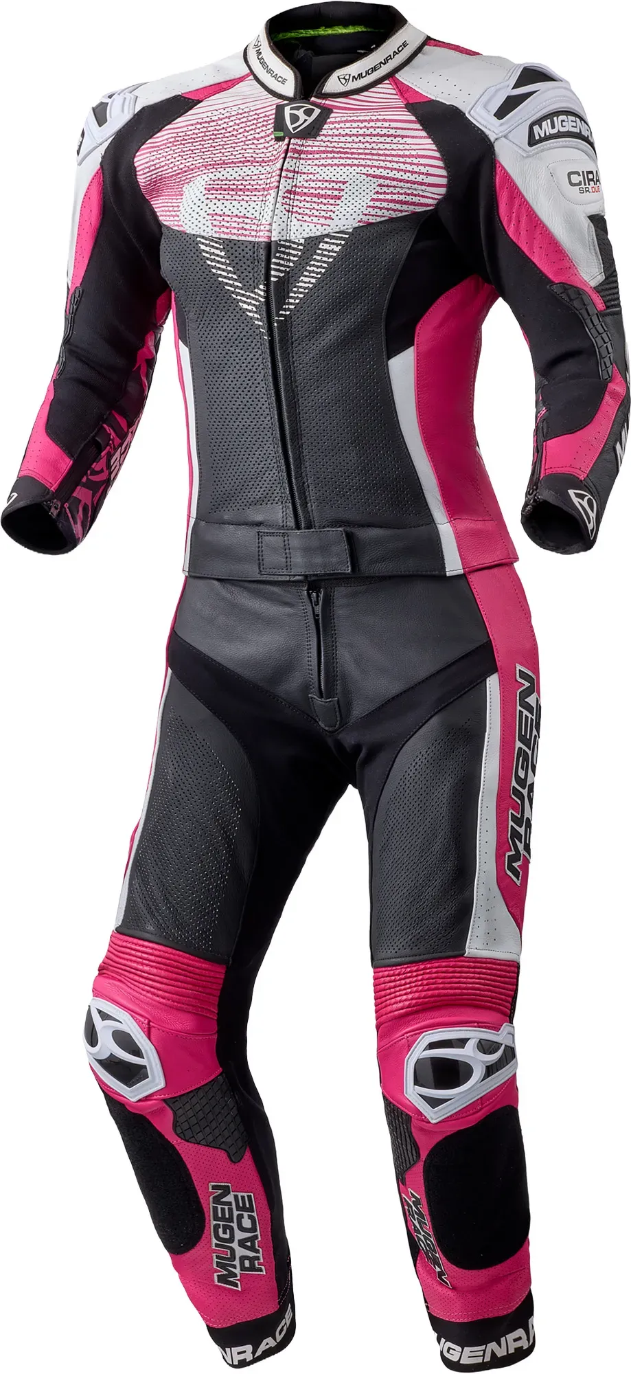 MUGENRACE Cira-SR perforierte 2-Teiler Damen Motorrad Lederkombi, schwarz-weiss-pink, Größe 34