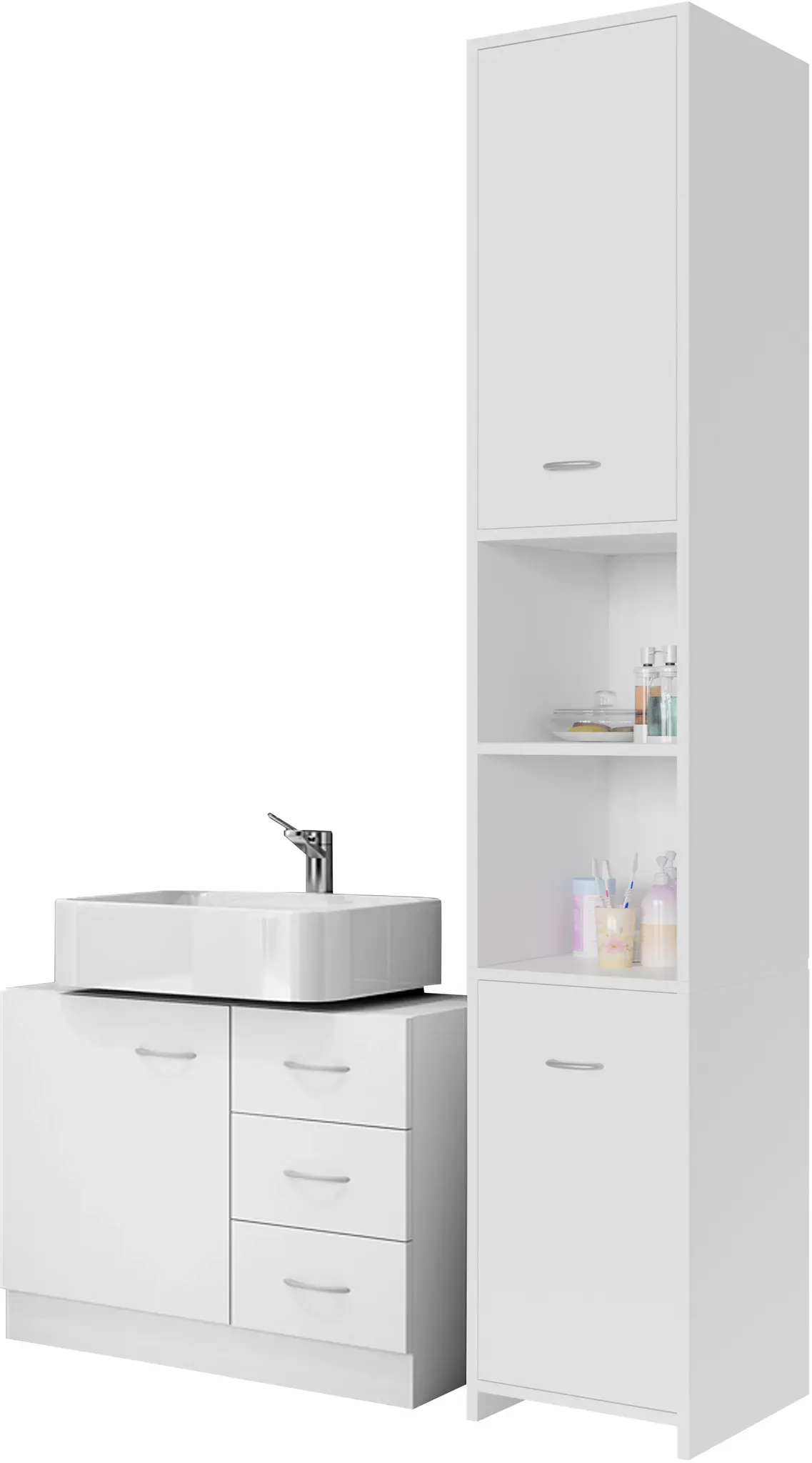 Bathroom Furniture Set White Tall Cabinet and Vanity Cabinet