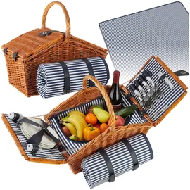 Tectake tectake® Picknickkorb für 4 Personen, mit Picknickdecke, geflochtene Weide, mit Drehverschluss und Tragegriff, inkl. 20-teiliges Geschirrset, Kellnermesser und Gewürzstreuer