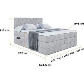 altdecor Boxspringbett VELANTO-BZ KING - 160 x 200 - H3/H4 - Hellgrau