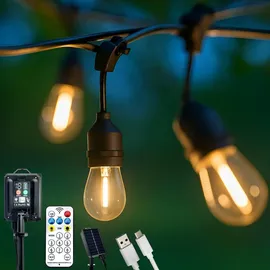 Lumiled Solar Lichterkette für Außen 10,4M S14 10 M mit 15x LED + 2 Ersatzbirnen, Warmweiß 2700K, IP65, 8 Modi, Fernbedienung und 1200mAh Solarpanel ... - Schwarz