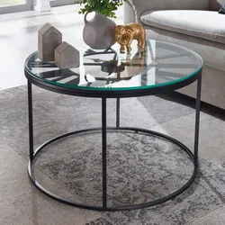 Kadima Design Couchtisch `Gesso` mit Uhr: Einscheibensicherheitsglas, pulverbeschichtetes Metallgestell, römische Uhr, handgefertigt. Schwarz