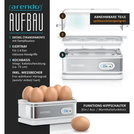 Arendo Eierkocher 6-fach, 400 W, Edelstahl, Warmhaltefunktion, Härtegrad einstellbar, für 6 Eier, Weiß