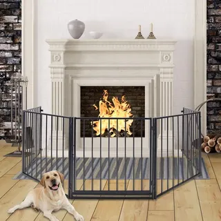 UISEBRT Kaminschutzgitter Baby 305cm - Stabil Faltbar Kinderschutzgitter mit Tür Schwarz Ofenschutzgitter Schutzgitter Laufgitter Türschutzgitter