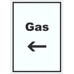 HB-Druck Gas Aufkleber mit Text und Richtungspfeil links Anschluss hochkant A3 (297x420mm)