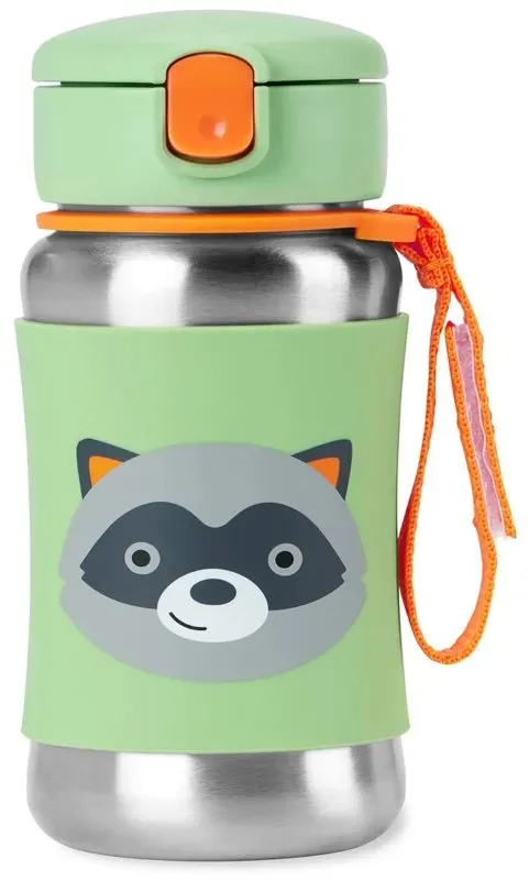Skip Hop Spark Style Straw Bottle Wasserflasche aus Edelstahl mit Strohhalm Racoon 12 m+ 350 ml