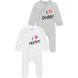 Kidsworld Schlafoverall KIDSWORLD "2er Schlafoveralls: I love Mummy / I love Daddy", Jungen, Gr. 50/56, N-Gr, grau (weiß, grau, meliert), Interlock, Obermaterial: 100% Baumwolle, bedruckt, Basic, Basic, Rundhals, Overalls, aus Bio-Baumwolle, Baby-Overalls
