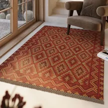 Green Looop Wollteppich GREEN LOOOP "Clare", rot (rost rot), B:80cm H:5mm L:150cm, Wolle, Teppiche, Fransen, Kelim, handgewebt, Natur, Wohnzimmer, Schlafzimmer, Raute