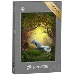 puzzleYOU Puzzle Eichhörnchen beobachtet ein weißes Einhorn, 48 Puzzleteile, puzzleYOU-Kollektionen Einhorn, Einhörner, Tiere aus Fantasy & Urzeit