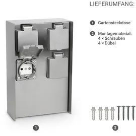 Longlife LED Gartensteckdosensäule für außen IP44 eckig 23cm - Steckdose: 4-fach - Farbe: Edelstahl