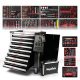 Mephisto Bundle Werkzeugwagen mit Werkzeugkoffer bestehend aus: Werkstattwagen Premium mit 9 Schubladen inklusive Werkzeug + Werkzeugkasten gefüllt mit verschiedenem Werkzeug