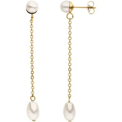 Perlenohrringe JOBO "lang mit Kette", gold (goldfarben), Ohrringe, Damen, Perlen-Edelstahl, Perlen, Edelstahl, Edelstahl goldfarben mit 4 Perlen