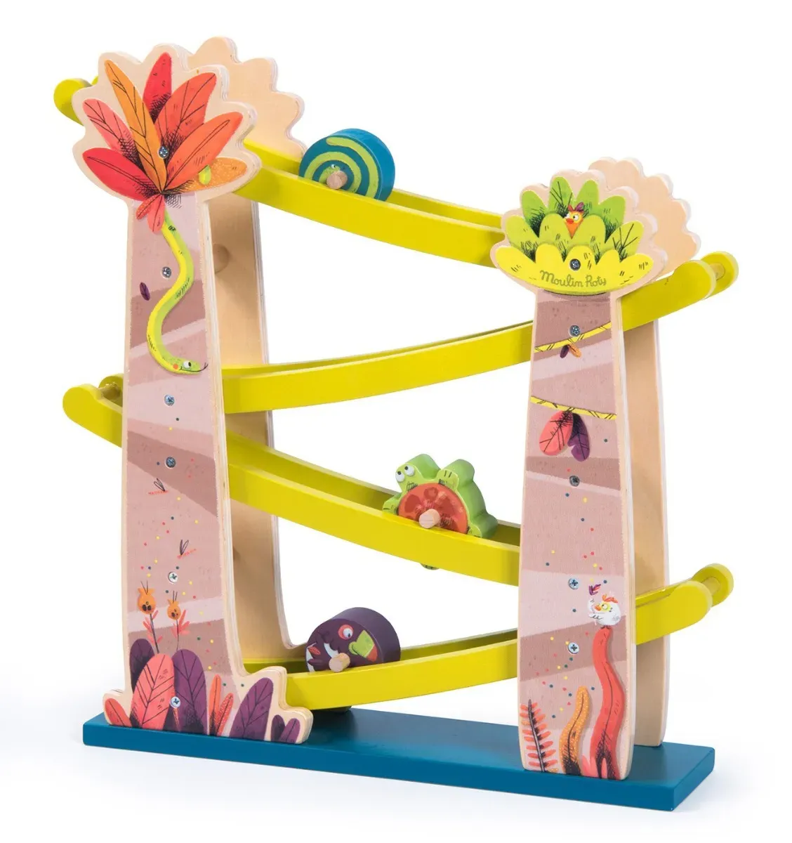 Moulin Roty Aktivite4tsbahn mit 3 Tieren Kugelbahn Holz 25x7x36,5 cm Mehrfarbig - Motorikspielzeug, Ff6rdert Hand-Auge-Koordination