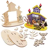Baker Ross FX187 Spukhaus Holz Bemalen-4er Pack, Halloween Bilderrahmen für Kinder zum Bemalen und Ausstellen
