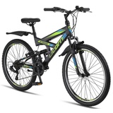Licorne Bike Strong V Premium Mountainbike in 26 Zoll - Fahrrad für Jungen, Mädchen, Damen und Herren - Shimano 21 Gang-Schaltung - Vollfederung - Schwarz/Blau/Lime