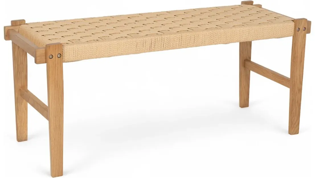 Bank Lebona aus Eichenholz und Papiergarn - 110 cm, Natur/Beige